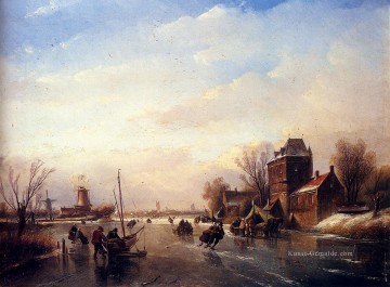  jan - Skaters auf einem gefrorenen Fluss Boot Jan Jacob Coenraad Spohler Landschaften